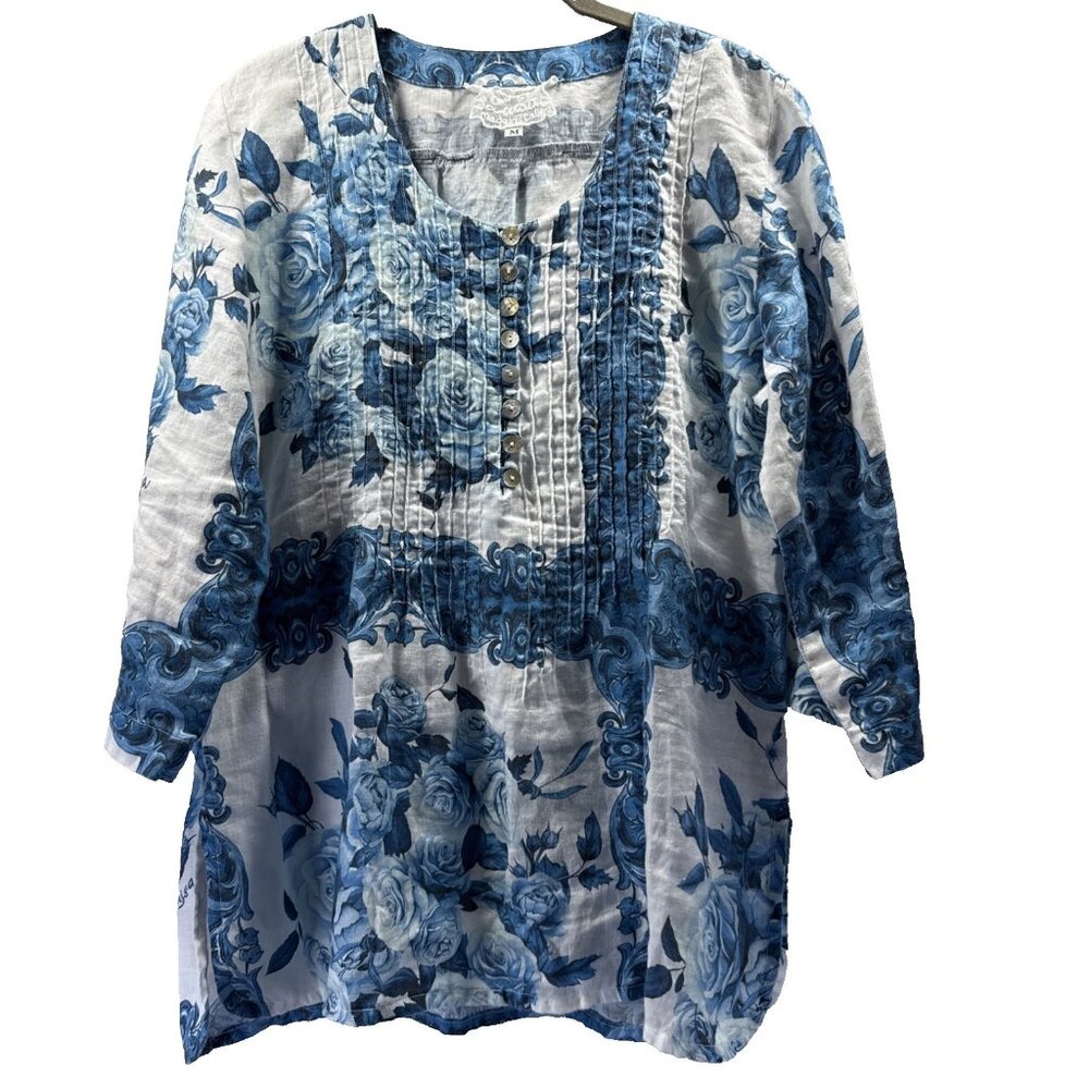 Luisa‎ Women's Top Blouse Size M Bue Roses Popover 100% Linen Italy 3/4 Sleeves